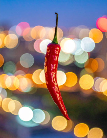A single, fiery red chili pepper is suspended against a dazzling backdrop of blurred city lights at night.の素材
