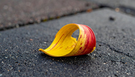 A single, vibrant petal, curled and resting on the dark, textured asphalt.の素材