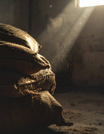 In the quiet stillness of an old barn, a single beam of sunlight cuts through the dusty air, illuminating a stack of weathered burlap sacks.の素材