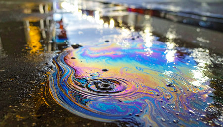 A mesmerizing swirl of psychedelic colors forms an iridescent film on the surface of a puddle.の素材
