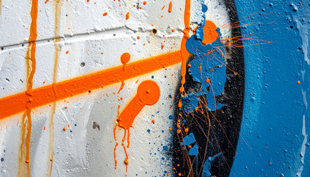 A chaotic burst of vibrant orange and cool blue paint explodes across a textured urban wall.の素材