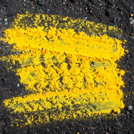 A bold stroke of vibrant yellow paint creates a stark, abstract contrast against the dark, grainy texture of the asphalt.の素材