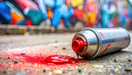 A close-up shot captures the aftermath of creative expression, with a silver spray paint can lying on the concrete, its vibrant red paint pooling on the ground.の素材