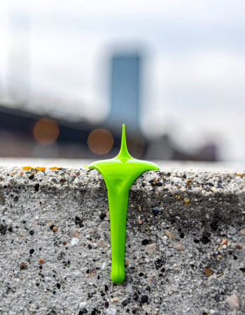 A vibrant green, star-shaped object stands out against the rough texture of a concrete ledge.の素材