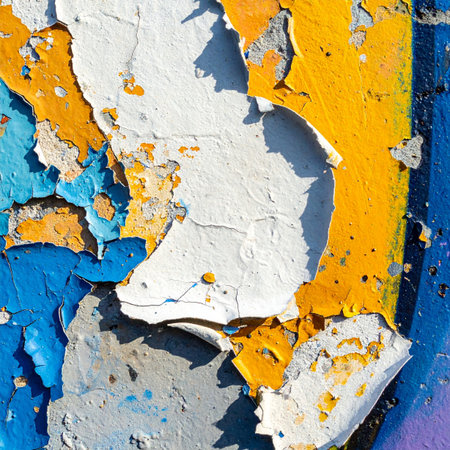 A macro view reveals the intricate story of time on a forgotten surface. Vibrant layers of yellow, blue, and white paint crack and peel away, exposing the history beneath.の素材