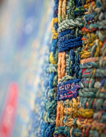A macro perspective reveals the intricate world within a handwoven textile. Each colorful thread tells a story of patience and artistry, intertwining to create a vibrant, textured pattern.の素材