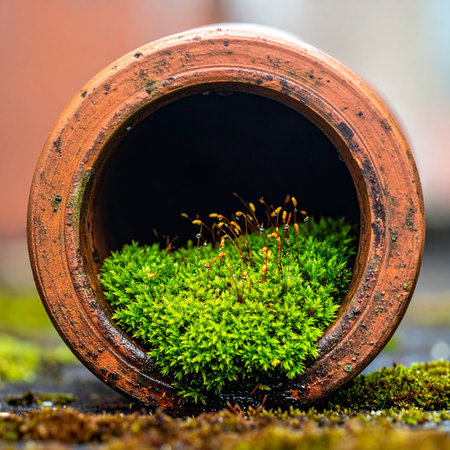 A vibrant patch of bright green moss thrives within the circular frame of an old, weathered terracotta pipe.の素材