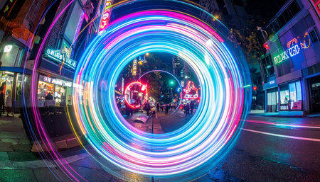 A vibrant vortex of neon light opens up on a bustling city street at night, creating a surreal portal to another dimension.の素材