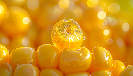 A macro perspective captures the radiant beauty of golden sweet corn kernels, bathed in warm, glowing sunlight.の素材