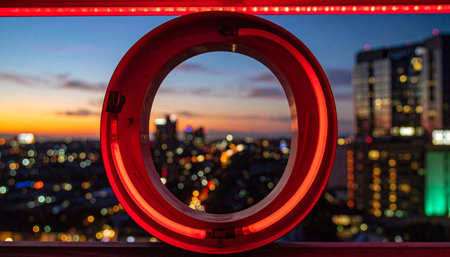 A glowing red neon circle acts as a futuristic portal, framing the breathtaking view of a sprawling city skyline at sunset.の素材