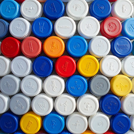 A vibrant and colorful collection of plastic bottle caps arranged neatly, creating a textured background.の素材