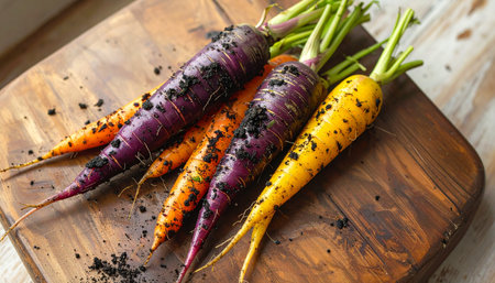 A colorful bunch of freshly harvested heirloom carrots, showcasing a beautiful spectrum of purple, orange, and yellow, rest on a rustic wooden cutting board.の素材