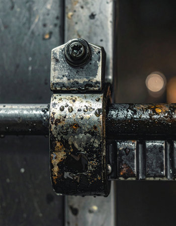 A detailed macro shot captures the raw texture of a heavily used industrial clamp.の素材