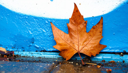 A single, crisp autumn leaf rests against a vividly painted blue surface, its warm orange tones creating a striking visual contrast.の素材