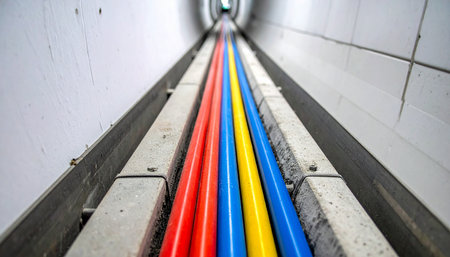 Deep beneath the city, vibrant arteries of technology pulse with data and power.の素材