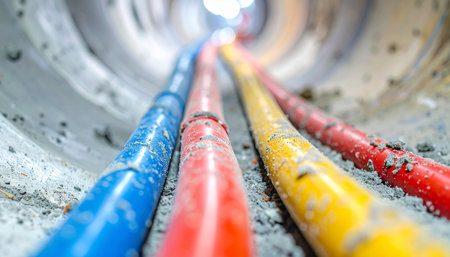 Deep within an industrial complex, a bundle of primary-colored electrical cables carries vital power and data through a concrete conduit.の素材
