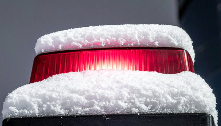 A bright red emergency light cuts through the winter chill, its urgent glow partially obscured by a fresh blanket of snow.の素材