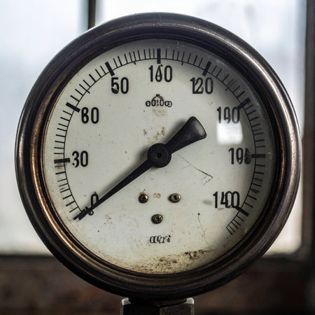 A close-up of a weathered, vintage pressure gauge, its needle resting at a low reading.の素材