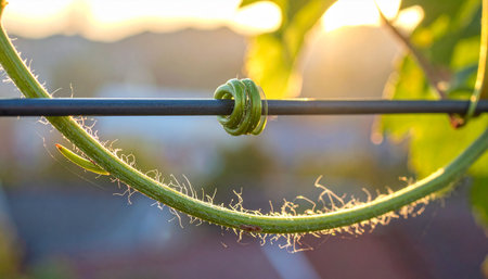 In the warm glow of a setting sun, a young, fuzzy vine tendril reaches out and coils tightly around a support wire.の素材