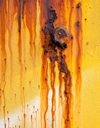 A close-up view captures the dramatic effect of time and weather on a painted yellow metal surface.の素材