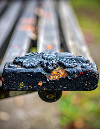 A close-up perspective on a classic cast iron bench armrest, showcasing its ornate floral design and weathered patina.の素材