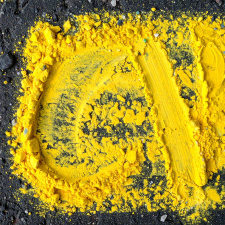 A macro shot captures the intense contrast of bright yellow pigment powder scattered across a dark, gritty asphalt surface.の素材