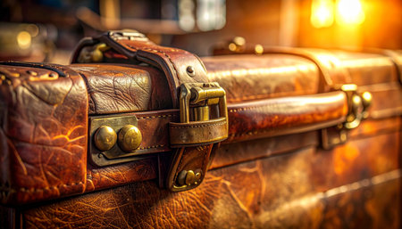 A close-up of a well-worn vintage leather suitcase, its brass buckles gleaming in warm, golden light.の素材