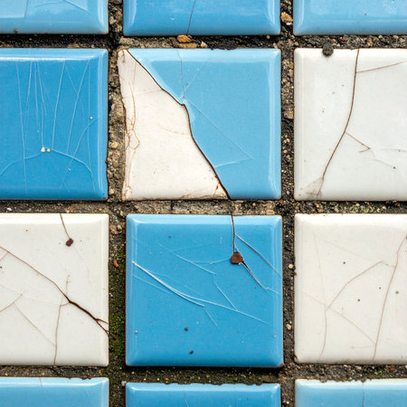 A close-up view reveals the story of time etched into a surface of blue and white mosaic tiles.の素材