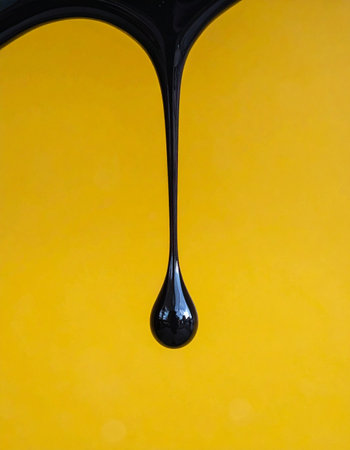 A single, perfect drop of thick, glossy black liquid hangs suspended, moments from falling against a vibrant yellow backdrop.の素材