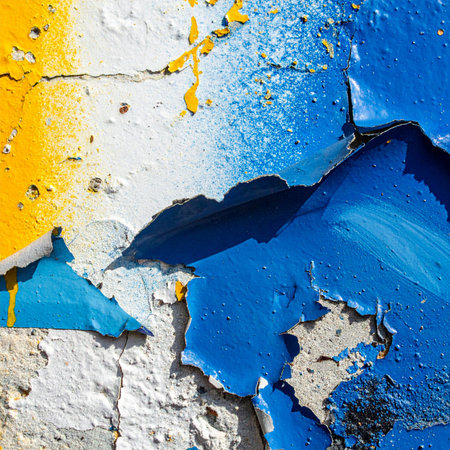 Layers of time are revealed as vibrant blue and yellow paint cracks and peels away from a weathered urban wall.の素材