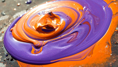 A dynamic, close-up view captures the moment of creation as thick, glossy swirls of vibrant purple and bright orange paint are mixed together.の素材