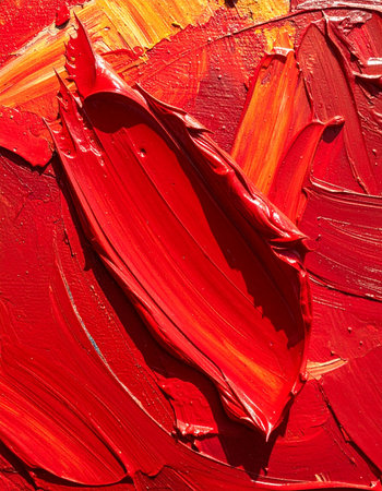 A dynamic close-up captures the raw energy of creation. Thick, vibrant red oil paint is sculpted across the canvas with expressive brushstrokes, revealing hints of warm yellow and orange beneath.の素材