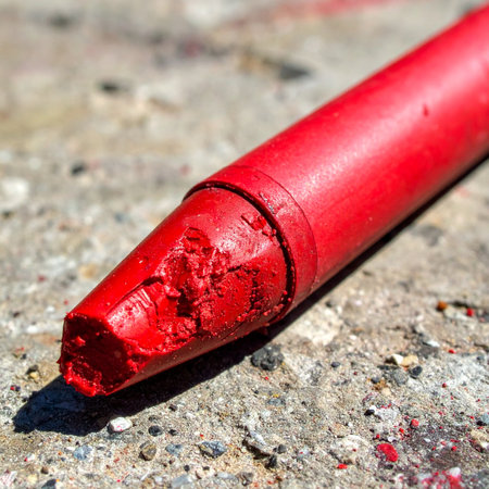 A close-up shot captures the textured tip of a vibrant red crayon resting on a rough, gritty surface.の素材