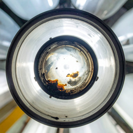 A powerful industrial lamp viewed from directly below, its metallic surface showing signs of age and intense use.の素材