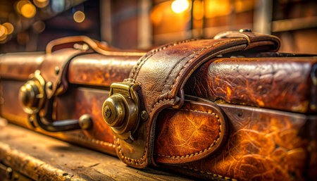 A well-worn leather suitcase rests, its weathered surface and sturdy brass buckle telling tales of countless journeys.の素材