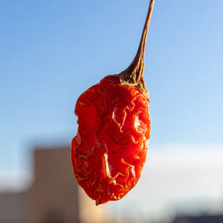 Hanging in the warm sunlight against a clear blue sky, a single red chili pepper slowly dries, its skin wrinkling as its fiery heat and flavor intensifies.の素材