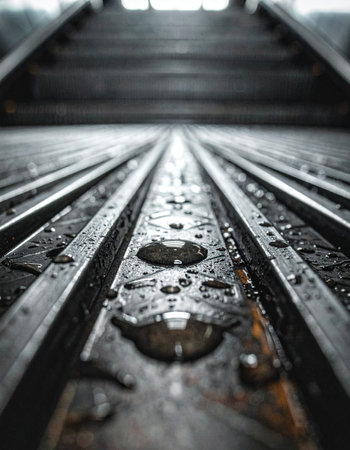 From a low perspective, water gathers in the grooves of a dark, industrial metal floor.の素材