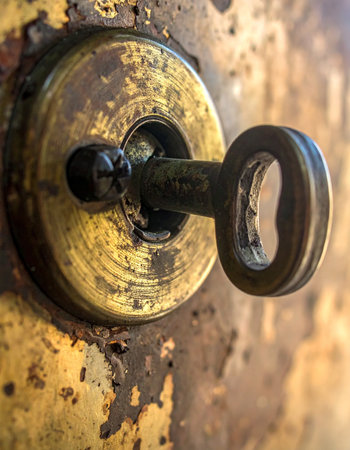 An old, weathered key is turned in a rusty, antique lock, poised to reveal a long-forgotten secret.の素材