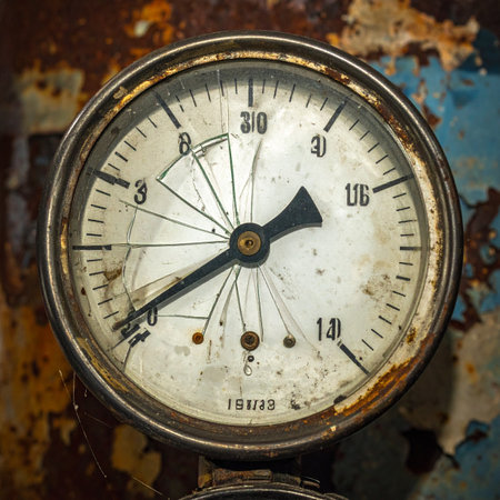 Close-up on a derelict and broken manometer against a corroded metal background.の素材