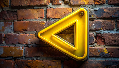 A vibrant yellow play button stands out against the rough, weathered texture of an old brick wall.の素材