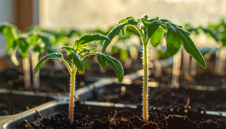 Warm morning sun streams through a window, illuminating two delicate tomato seedlings as they stretch upwards from rich soil.の素材