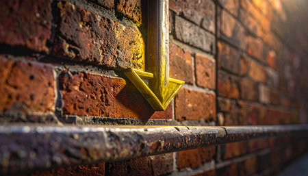 A mysterious yellow arrow points downward against a weathered brick wall, illuminated by a single warm light source.の素材