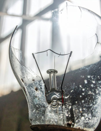 A close-up view captures the delicate and dangerous beauty of a shattered lightbulb.の素材