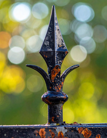 A close-up captures the weathered texture of a black wrought iron fence post, its elegant spearhead design showing signs of rust and age.の素材