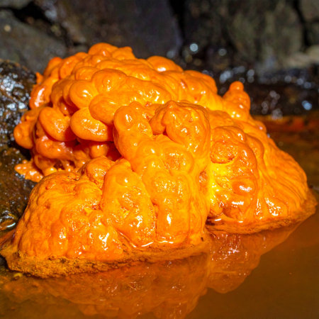 In the dim light of a forgotten stream bed, a bizarre, glowing orange colony thrives.の素材
