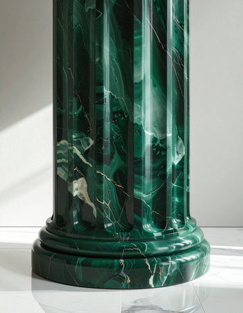 The polished surface of a classic green marble column reflects the light, revealing intricate patterns and deep, rich tones.の素材