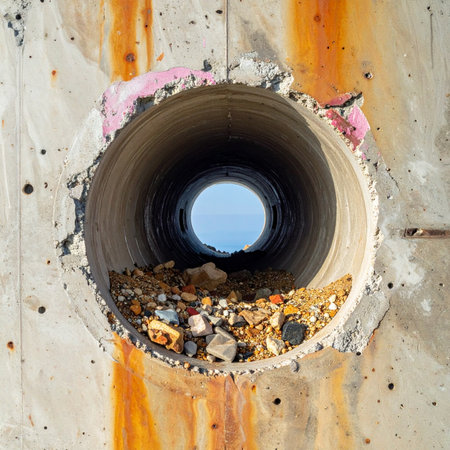 From within a gritty, industrial setting, a circular opening in a rust-stained concrete wall offers a surprising glimpse of the clear blue sky.の素材