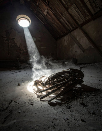 In the forgotten darkness of a dusty attic, a single beam of light illuminates the source of a hidden danger: old, faulty electrical wires smoldering and releasing plumes of smoke.の素材