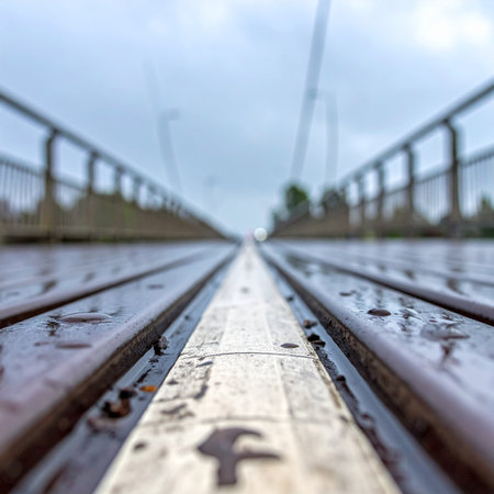A low-angle view follows a painted arrow along a wet wooden bridge on an overcast day.の素材