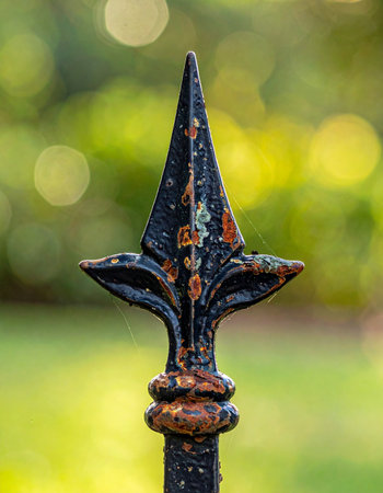 A close-up of a weathered wrought iron fence finial, its black paint peeling to reveal patches of rust.の素材